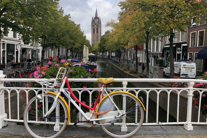 a bicycle parked in front of a building