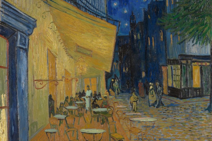 Starry night over a café terrace and cobblestone street in a vibrant, colorful painting.