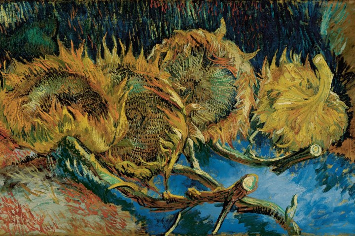 Painting of four withered sunflowers with vibrant brushstrokes in yellow, green, and blue hues.