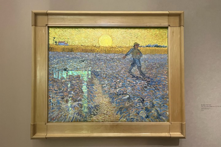 Framed painting of a man sowing seeds at sunrise, with yellow sky and colorful field.