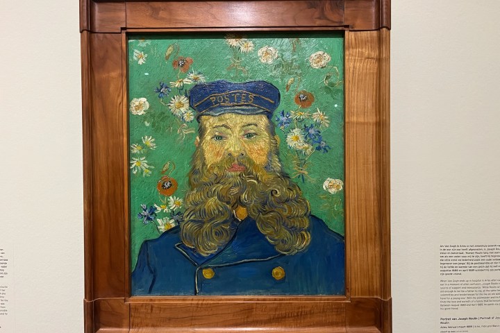 Painting of a bearded man in a blue uniform and cap, with a floral background.