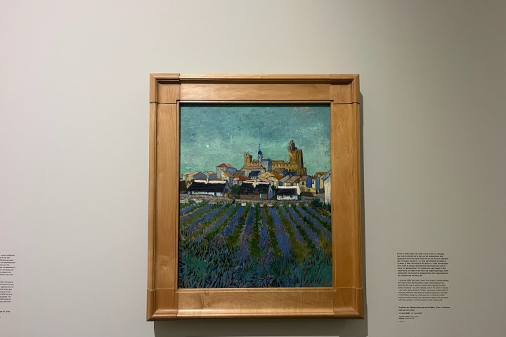 Framed painting of a townscape with fields and blue sky on a gallery wall.