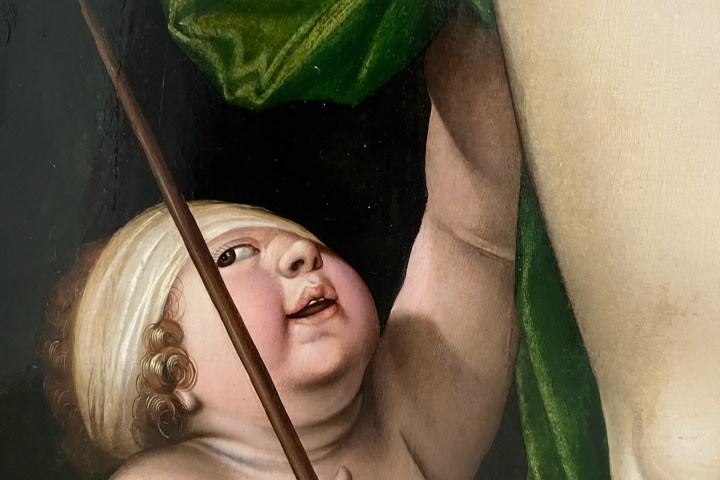 Painting of a cherub holding an arrow, facing a draped green cloth.